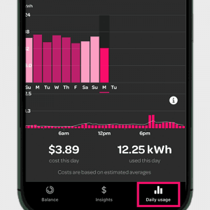 Powershop app screen showing daily usage of electricity