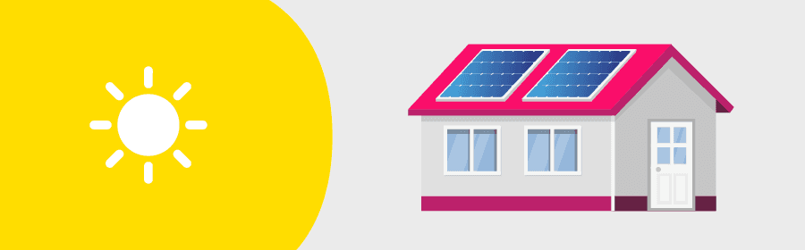 Sun icon and house with solar panels on the roof