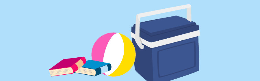 books, beach ball and a car fridge