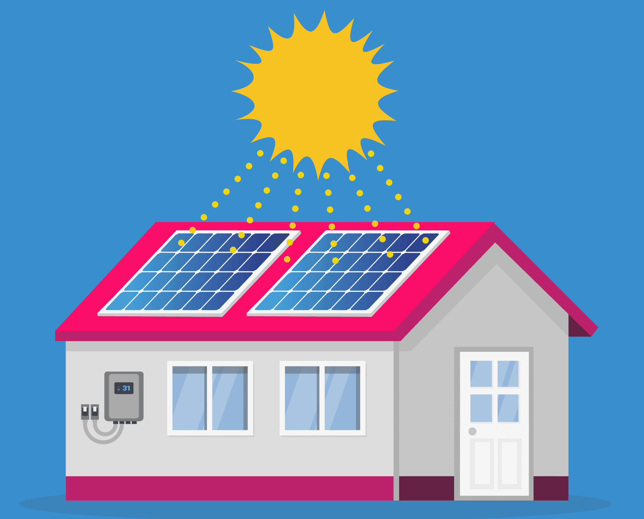 A vector of a pink house with solar panels and a shining sun above it. 