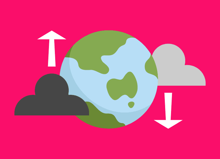 Earth icon with a cloud in front and behind and one arrow pointing up and another pointing down